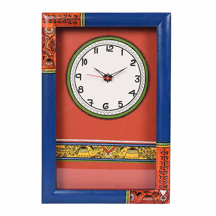 Wall Clock Handcrafted Madhubani Blue/Red with Glass (10x2x15") - Wall Decor - 2