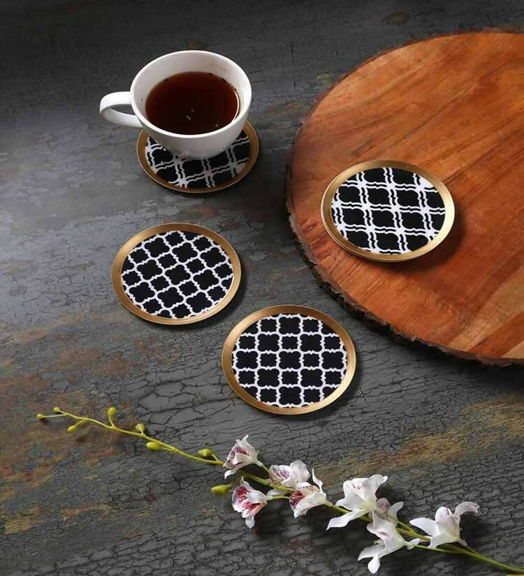 Round Geometric Wood Brass Coasters Set