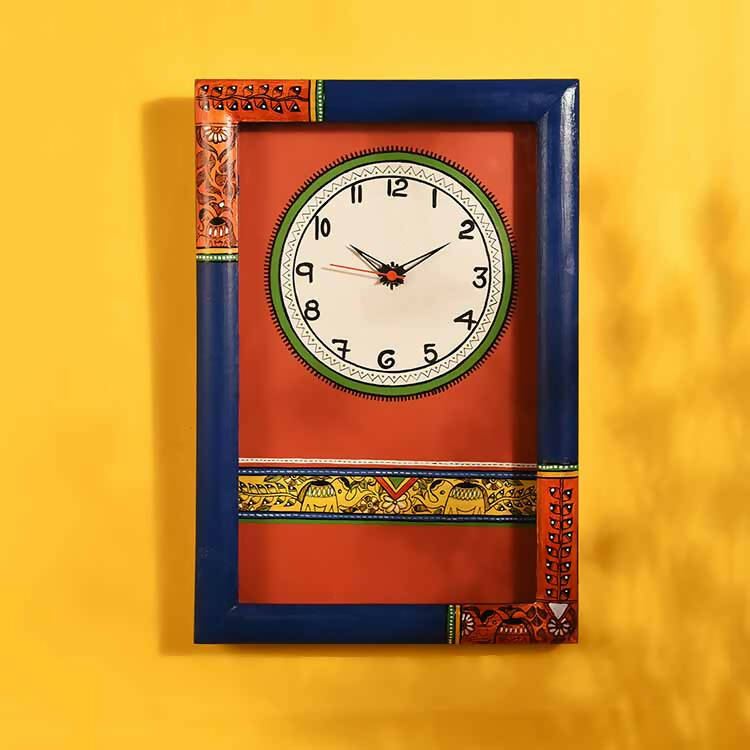 Wall Clock Handcrafted Madhubani Blue/Red with Glass (10x2x15") - Wall Decor - 1